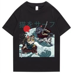 Apparel Two Samurai Cats Battling On Waves Unisex Tee -Kawaii Store kawaiies plushies plush softtoy two samurai cats battling on waves unisex tee apparel black s 415207