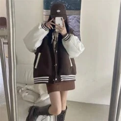 Apparel 'Unspecified' Six Patch Striped Burgundy Brown Women's Varsity Jacket -Kawaii Store kawaiies plushies plush softtoy unspecified six patch striped burgundy brown womens varsity jacket apparel 127940