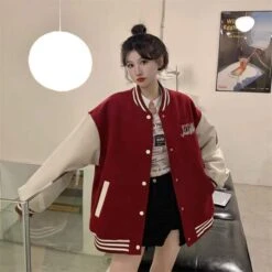 Apparel 'Unspecified' Six Patch Striped Burgundy Brown Women's Varsity Jacket -Kawaii Store kawaiies plushies plush softtoy unspecified six patch striped burgundy brown womens varsity jacket apparel 415000