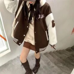 Apparel 'Unspecified' Six Patch Striped Burgundy Brown Women's Varsity Jacket -Kawaii Store kawaiies plushies plush softtoy unspecified six patch striped burgundy brown womens varsity jacket apparel 470318