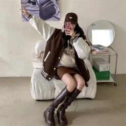 Apparel 'Unspecified' Six Patch Striped Burgundy Brown Women's Varsity Jacket -Kawaii Store kawaiies plushies plush softtoy unspecified six patch striped burgundy brown womens varsity jacket apparel 509729