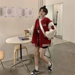 Apparel 'Unspecified' Six Patch Striped Burgundy Brown Women's Varsity Jacket -Kawaii Store kawaiies plushies plush softtoy unspecified six patch striped burgundy brown womens varsity jacket apparel 586031