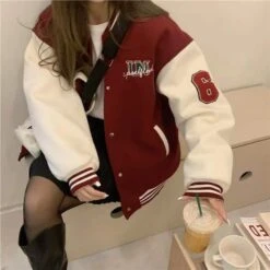 Apparel 'Unspecified' Six Patch Striped Burgundy Brown Women's Varsity Jacket -Kawaii Store kawaiies plushies plush softtoy unspecified six patch striped burgundy brown womens varsity jacket apparel 881974