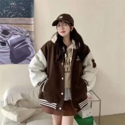 Apparel 'Unspecified' Six Patch Striped Burgundy Brown Women's Varsity Jacket -Kawaii Store kawaiies plushies plush softtoy unspecified six patch striped burgundy brown womens varsity jacket apparel brown s 376405