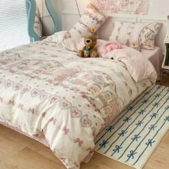 Vintage Bear Cute Polyester Bedding Set With Bed Sheet -Kawaii Store kawaiies plushies plush softtoy vintage bear cute polyester bedding set with bed sheet home decor 341928