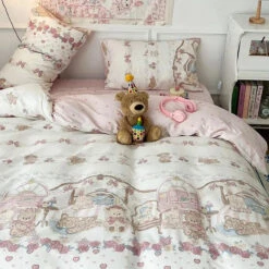 Vintage Bear Cute Polyester Bedding Set With Bed Sheet -Kawaii Store kawaiies plushies plush softtoy vintage bear cute polyester bedding set with bed sheet home decor 587348