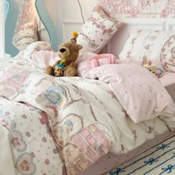 Vintage Bear Cute Polyester Bedding Set With Bed Sheet