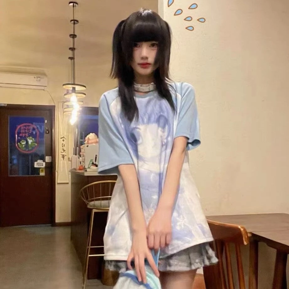 Apparel White Anime Washed Blue Girl Two-tone Women's Tee 4 Apparel White Anime Washed Blue Girl Two-tone Women's Tee - Image 2