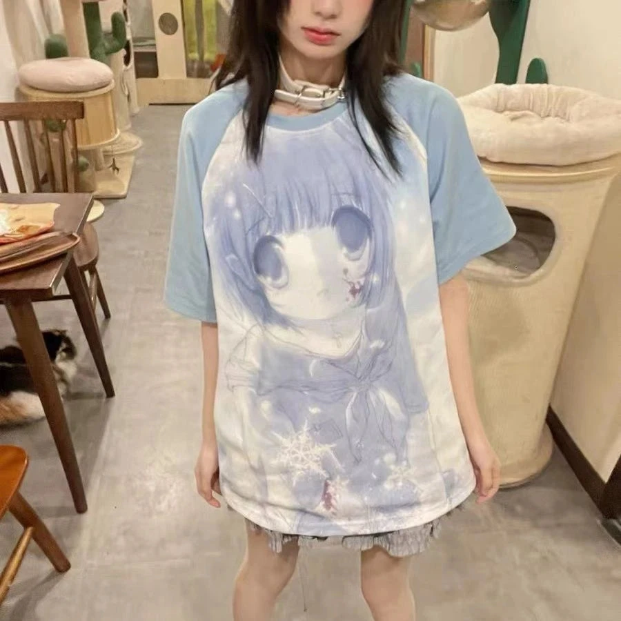 Apparel White Anime Washed Blue Girl Two-tone Women's Tee 3 Apparel White Anime Washed Blue Girl Two-tone Women's Tee