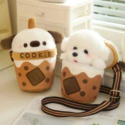 White Bichon Frisé Plushie Bubble Tea Cookie Bag -Kawaii Store kawaiies plushies plush softtoy white bichon frise plushie bubble tea cookie bag soft toy 632024