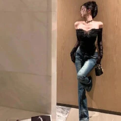 Apparel White Black Butterfly Off Shoulder Long Sleeve Women's Top -Kawaii Store kawaiies plushies plush softtoy white black butterfly off shoulder long sleeve womens top tops 103581