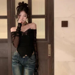 Apparel White Black Butterfly Off Shoulder Long Sleeve Women's Top -Kawaii Store kawaiies plushies plush softtoy white black butterfly off shoulder long sleeve womens top tops 364730