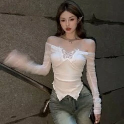 Apparel White Black Butterfly Off Shoulder Long Sleeve Women's Top -Kawaii Store kawaiies plushies plush softtoy white black butterfly off shoulder long sleeve womens top tops 593977