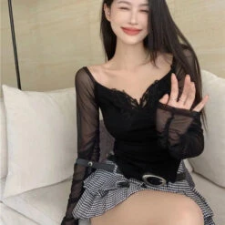 Apparel White Black Butterfly Off Shoulder Long Sleeve Women's Top -Kawaii Store kawaiies plushies plush softtoy white black butterfly off shoulder long sleeve womens top tops 635947