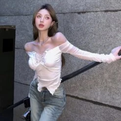 Apparel White Black Butterfly Off Shoulder Long Sleeve Women's Top -Kawaii Store kawaiies plushies plush softtoy white black butterfly off shoulder long sleeve womens top tops 840493