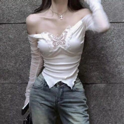 Apparel White Black Butterfly Off Shoulder Long Sleeve Women's Top -Kawaii Store kawaiies plushies plush softtoy white black butterfly off shoulder long sleeve womens top tops 882187