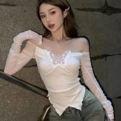 Apparel White Black Butterfly Off Shoulder Long Sleeve Women's Top -Kawaii Store kawaiies plushies plush softtoy white black butterfly off shoulder long sleeve womens top tops 891255