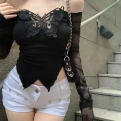 Apparel White Black Butterfly Off Shoulder Long Sleeve Women's Top -Kawaii Store kawaiies plushies plush softtoy white black butterfly off shoulder long sleeve womens top tops black s 467801