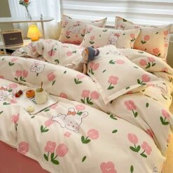 White Bunny Peach Flower Bedding Set -Kawaii Store kawaiies plushies plush softtoy white bunny peach flower bedding set home decor 146780