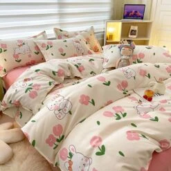 White Bunny Peach Flower Bedding Set -Kawaii Store kawaiies plushies plush softtoy white bunny peach flower bedding set home decor 347894