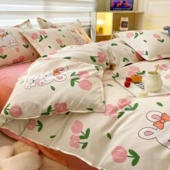 White Bunny Peach Flower Bedding Set -Kawaii Store kawaiies plushies plush softtoy white bunny peach flower bedding set home decor 541545