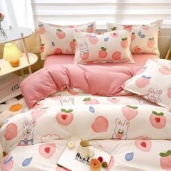 White Bunny Peach Flower Bedding Set -Kawaii Store kawaiies plushies plush softtoy white bunny peach flower bedding set home decor 601568