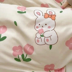 White Bunny Peach Flower Bedding Set -Kawaii Store kawaiies plushies plush softtoy white bunny peach flower bedding set home decor 625172