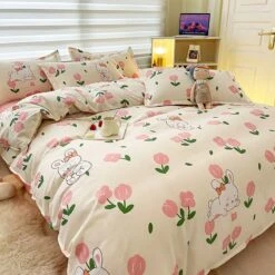 White Bunny Peach Flower Bedding Set -Kawaii Store kawaiies plushies plush softtoy white bunny peach flower bedding set home decor 681993
