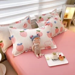 White Bunny Peach Flower Bedding Set -Kawaii Store kawaiies plushies plush softtoy white bunny peach flower bedding set home decor 694988