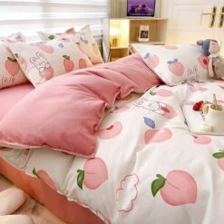 White Bunny Peach Flower Bedding Set -Kawaii Store kawaiies plushies plush softtoy white bunny peach flower bedding set home decor 817880