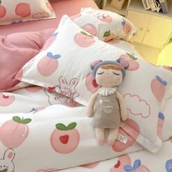 White Bunny Peach Flower Bedding Set -Kawaii Store kawaiies plushies plush softtoy white bunny peach flower bedding set home decor 879506