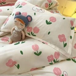 White Bunny Peach Flower Bedding Set -Kawaii Store kawaiies plushies plush softtoy white bunny peach flower bedding set home decor 889018