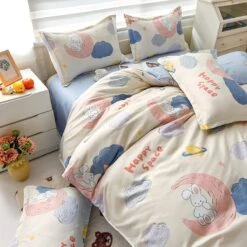 White Bunny Space Moon Bedding Set -Kawaii Store kawaiies plushies plush softtoy white bunny space moon bedding set home decor 336222