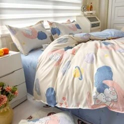 White Bunny Space Moon Bedding Set -Kawaii Store kawaiies plushies plush softtoy white bunny space moon bedding set home decor 653486