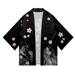 Apparel White Fox Mask Sakura Unisex Black Kimono -Kawaii Store kawaiies plushies plush softtoy white fox mask sakura unisex black kimono kimono 136189