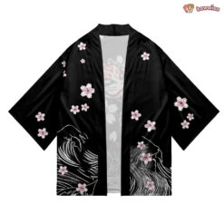 Apparel White Fox Mask Sakura Unisex Black Kimono -Kawaii Store kawaiies plushies plush softtoy white fox mask sakura unisex black kimono kimono 396002