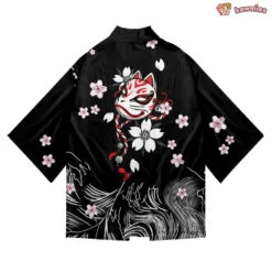 Apparel White Fox Mask Sakura Unisex Black Kimono -Kawaii Store kawaiies plushies plush softtoy white fox mask sakura unisex black kimono kimono 732994