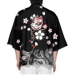 Apparel White Fox Mask Sakura Unisex Black Kimono