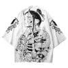 Apparel White Japanese-themed Skeleton Samurai Print Unisex Kimono