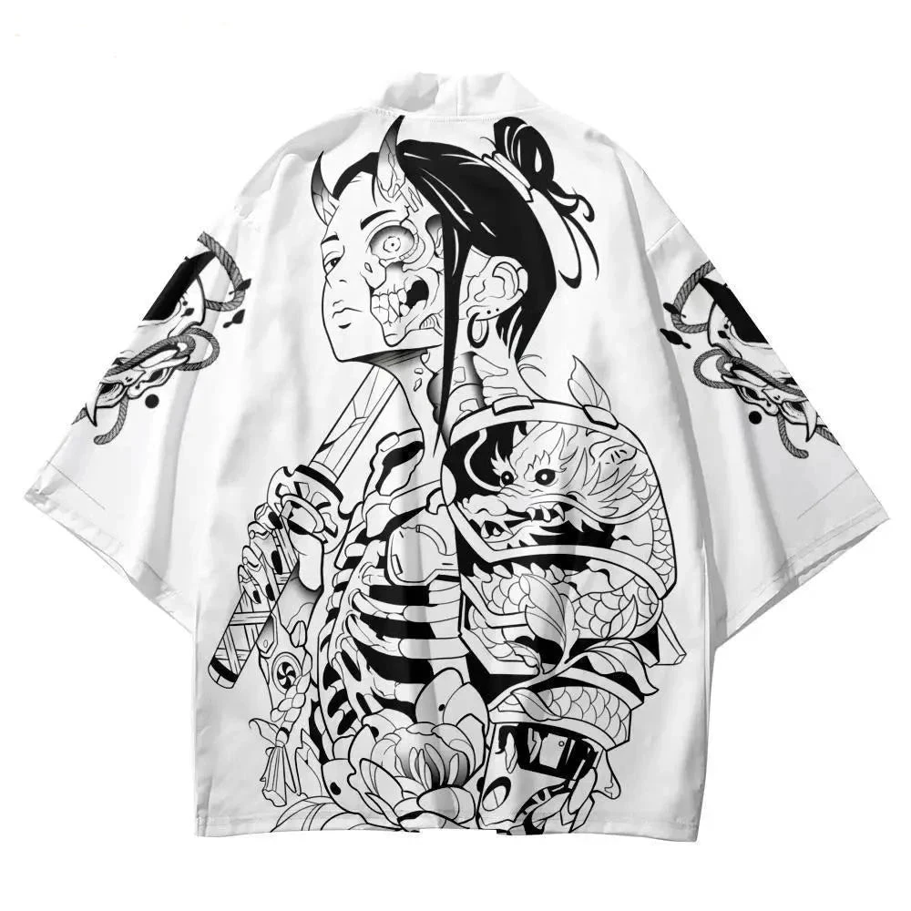 Apparel White Japanese-themed Skeleton Samurai Print Unisex Kimono 3 Apparel White Japanese-themed Skeleton Samurai Print Unisex Kimono