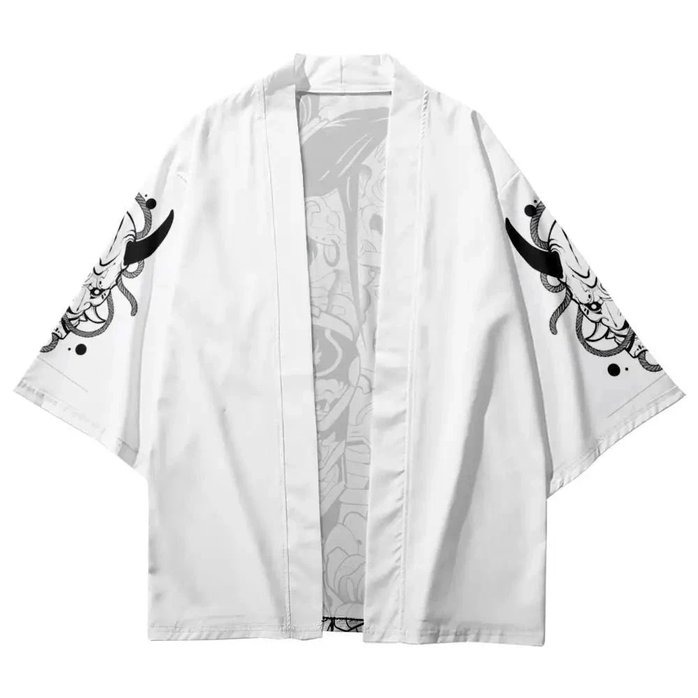 Apparel White Japanese-themed Skeleton Samurai Print Unisex Kimono 5 Apparel White Japanese-themed Skeleton Samurai Print Unisex Kimono - Image 3