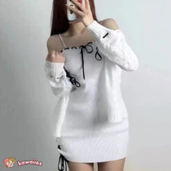 Apparel White Knitted Two Piece Set Women's Cardigan Dress -Kawaii Store kawaiies plushies plush softtoy white knitted two piece set womens cardigan dress apparel 438227