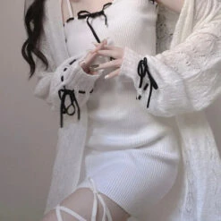 Apparel White Knitted Two Piece Set Women's Cardigan Dress -Kawaii Store kawaiies plushies plush softtoy white knitted two piece set womens cardigan dress apparel 947583