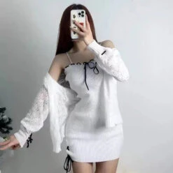 Apparel White Knitted Two Piece Set Women's Cardigan Dress -Kawaii Store kawaiies plushies plush softtoy white knitted two piece set womens cardigan dress apparel s 348895