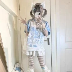 Apparel Y2K Harajuku Anime Punk Girl Black Blue Women's Top Tee -Kawaii Store kawaiies plushies plush softtoy y2k harajuku anime punk girl black blue womens top tee apparel 428047
