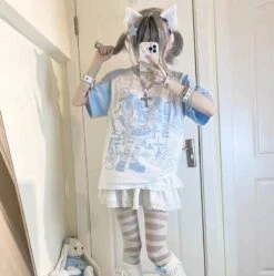 Apparel Y2K Harajuku Anime Punk Girl Black Blue Women's Top Tee -Kawaii Store kawaiies plushies plush softtoy y2k harajuku anime punk girl black blue womens top tee apparel 721268