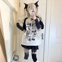 Apparel Y2K Harajuku Anime Punk Girl Black Blue Women's Top Tee -Kawaii Store kawaiies plushies plush softtoy y2k harajuku anime punk girl black blue womens top tee apparel black s 744457