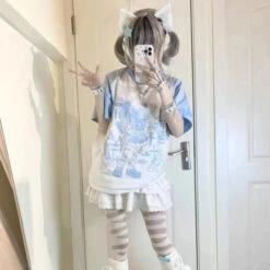 Apparel Y2K Harajuku Anime Punk Girl Black Blue Women's Top Tee -Kawaii Store kawaiies plushies plush softtoy y2k harajuku anime punk girl black blue womens top tee apparel sky blue s 526658